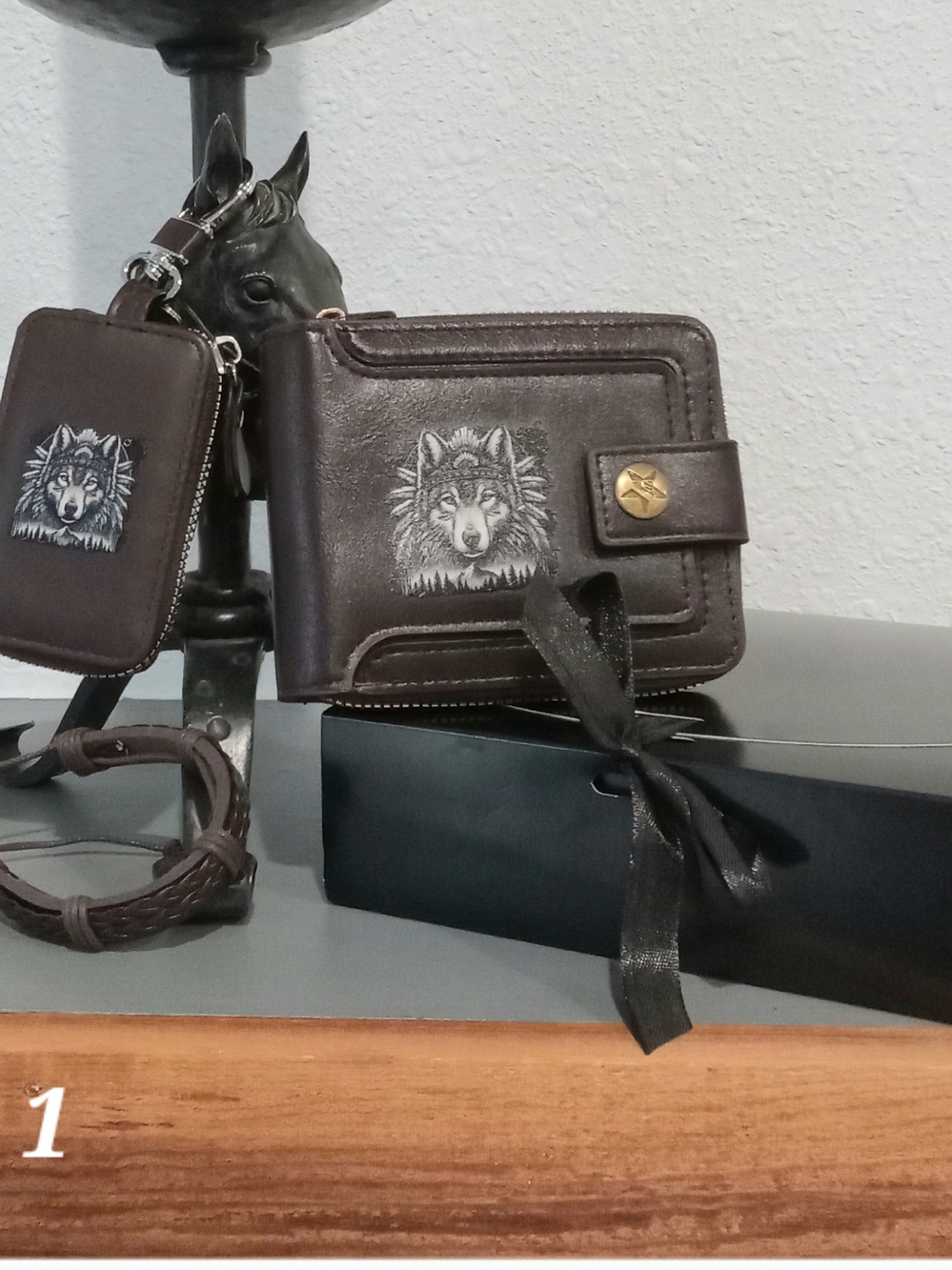 Men's Brown Leather Wallet Set with Wolf Emblem